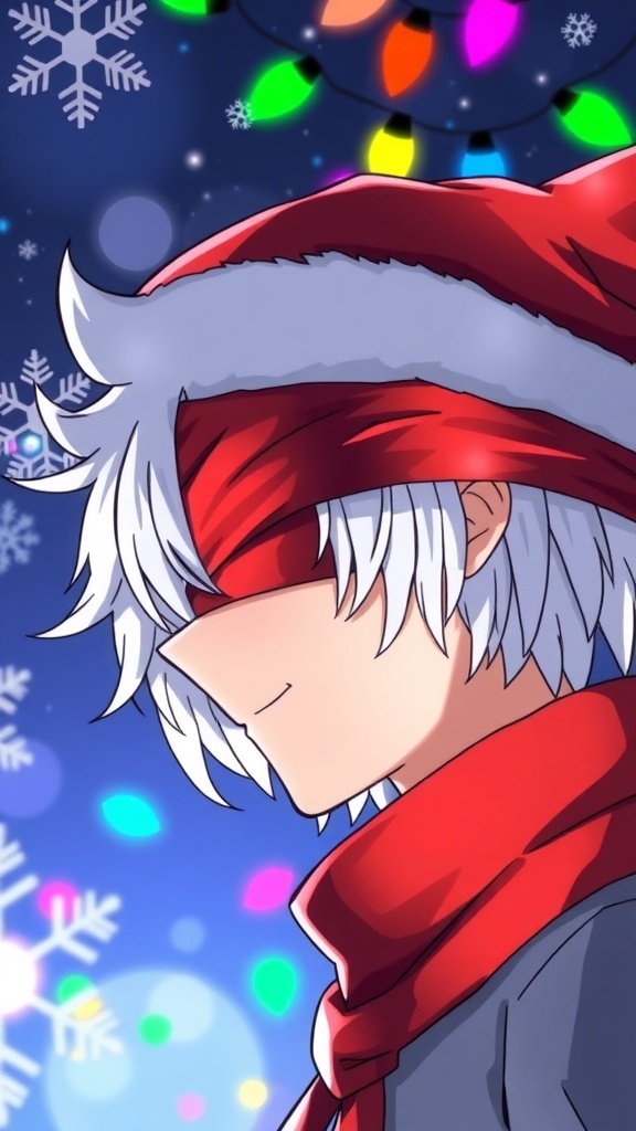 Christmas-themed profile picture of Gojo Satoru wearing a Santa hat with snowflakes and lights.
